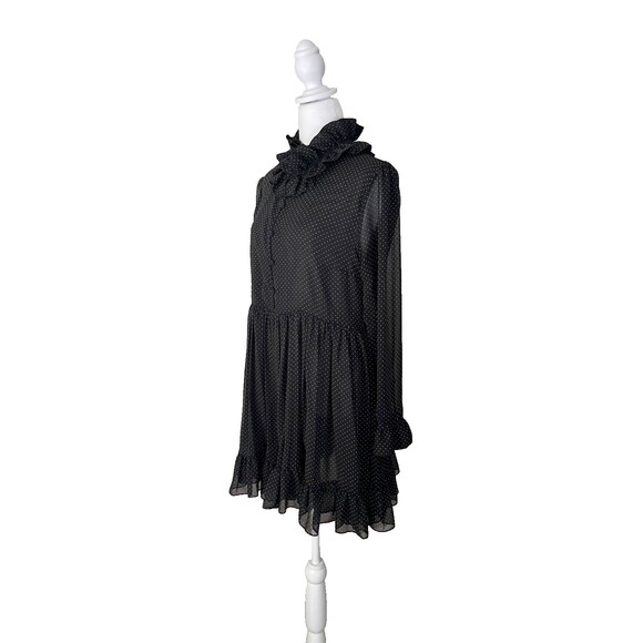 ZARA Ruffled Dress Size XL Black Micro Dot Ruffled Neck Sheer Ruffled Sleeves - Picture 3 of 16